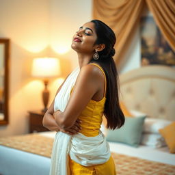 A young Indian woman with a stunning appearance, wearing a tight-fitting yellow kurti complemented by a white stole elegantly draped around her neck
