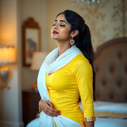 A young Indian woman with a stunning appearance, wearing a tight-fitting yellow kurti complemented by a white stole elegantly draped around her neck