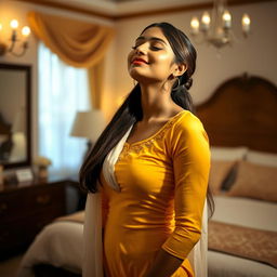 A young Indian woman with a stunning appearance, wearing a tight-fitting yellow kurti complemented by a white stole elegantly draped around her neck