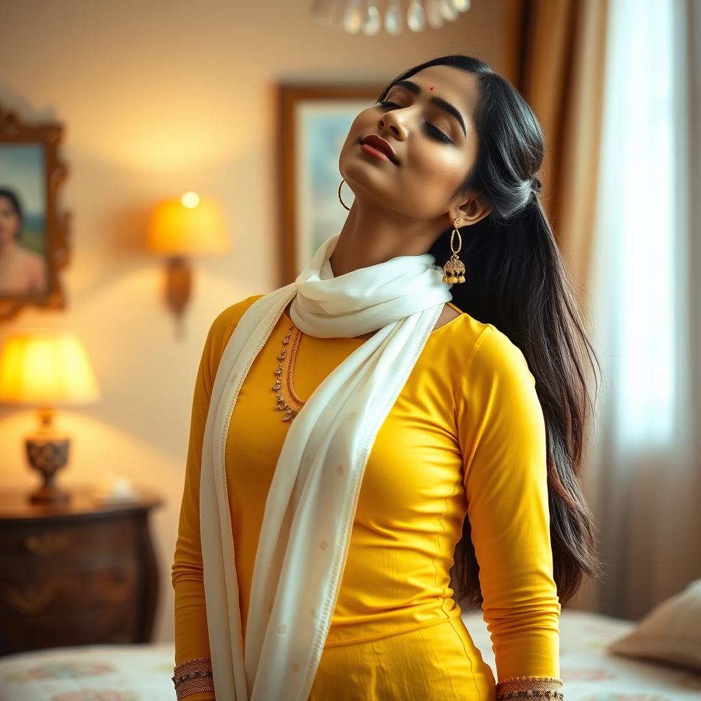 A young Indian woman with a stunning appearance, wearing a tight-fitting yellow kurti complemented by a white stole elegantly draped around her neck