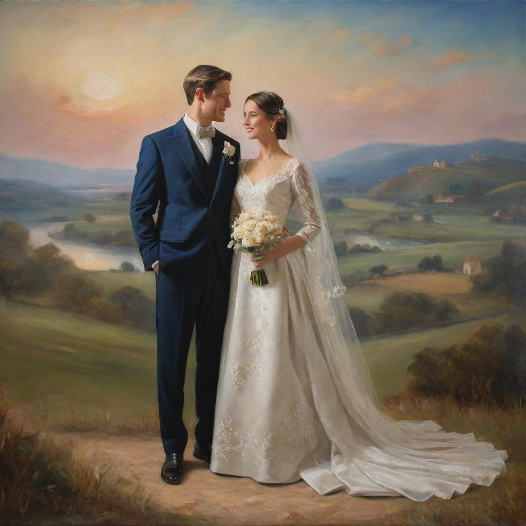 A newlywed couple elegantly attired in classical clothing, posing amidst an idyllic landscape typical of classic oil painting with depth of colour, detailed brushwork and luminous light effects.