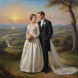 A newlywed couple elegantly attired in classical clothing, posing amidst an idyllic landscape typical of classic oil painting with depth of colour, detailed brushwork and luminous light effects.