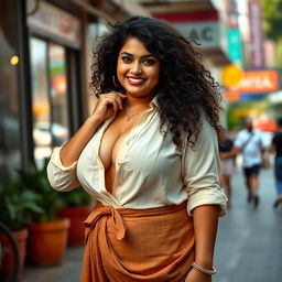 A confident and alluring Indian plus size model posing in a casual yet stylish urban environment