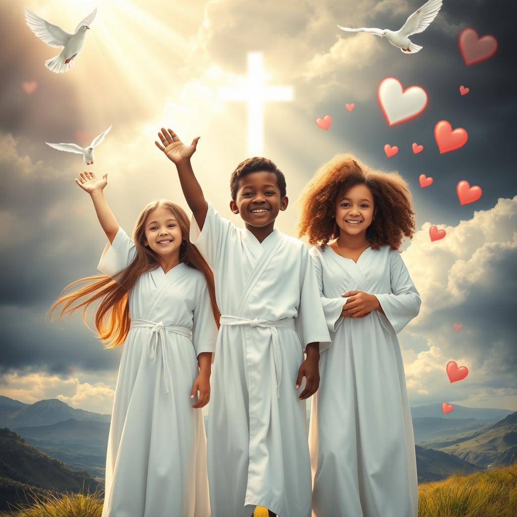 Three children guided by God, standing triumphantly over evil
