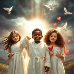 Three children guided by God, standing triumphantly over evil