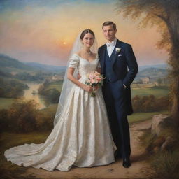 A newlywed couple elegantly attired in classical clothing, posing amidst an idyllic landscape typical of classic oil painting with depth of colour, detailed brushwork and luminous light effects.