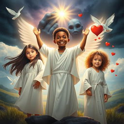 Three children guided by God, standing triumphantly over evil