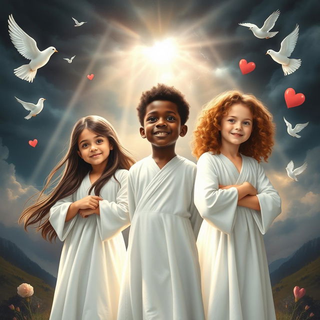 Three children guided by God, standing triumphantly over evil