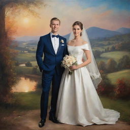 A newlywed couple elegantly attired in classical clothing, posing amidst an idyllic landscape typical of classic oil painting with depth of colour, detailed brushwork and luminous light effects.