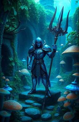 A striking blue figure wielding a trident stands confidently in the center of a mystical garden ruins, overgrown with vibrant mushrooms and winding vines