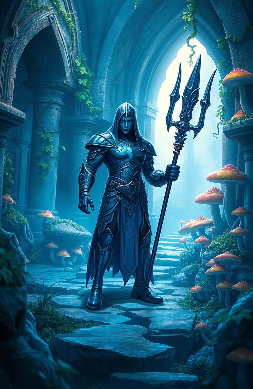 A striking blue figure wielding a trident stands confidently in the center of a mystical garden ruins, overgrown with vibrant mushrooms and winding vines