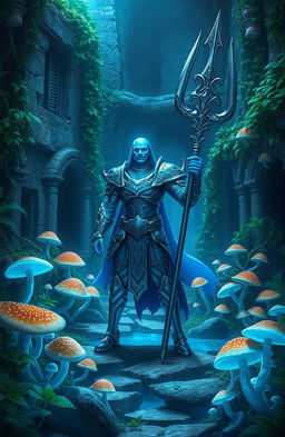 A striking blue figure wielding a trident stands confidently in the center of a mystical garden ruins, overgrown with vibrant mushrooms and winding vines