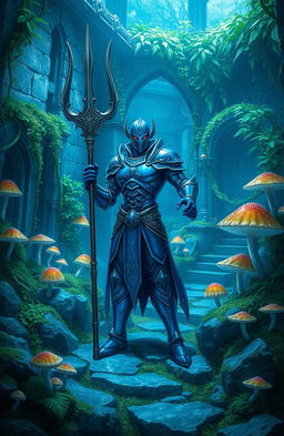A striking blue figure wielding a trident stands confidently in the center of a mystical garden ruins, overgrown with vibrant mushrooms and winding vines