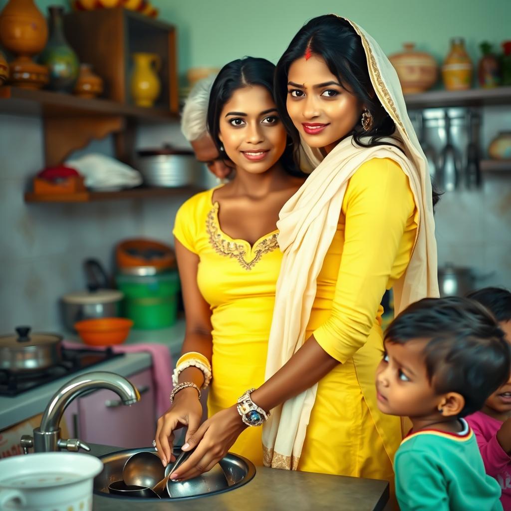 A beautiful Indian woman with dusky skin, wearing a tight yellow kurti and a white stole draped over her head, is standing in a kitchen while washing utensils