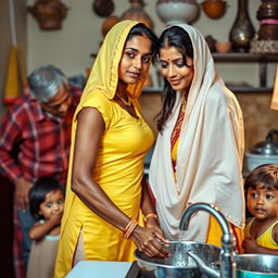A beautiful Indian woman with dusky skin, wearing a tight yellow kurti and a white stole draped over her head, is standing in a kitchen while washing utensils