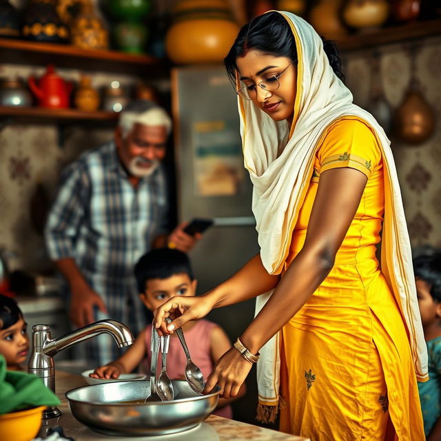 A beautiful Indian woman with dusky skin, wearing a tight yellow kurti and a white stole draped over her head, is standing in a kitchen while washing utensils