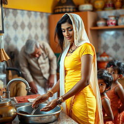 A beautiful Indian woman with dusky skin, wearing a tight yellow kurti and a white stole draped over her head, is standing in a kitchen while washing utensils