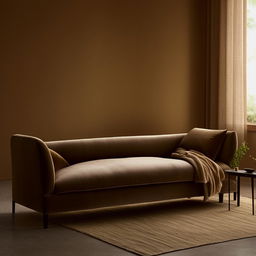 A cozy, inviting sofa, upholstered in soft velvet fabric, in a warm living room setting, with ambient lighting.