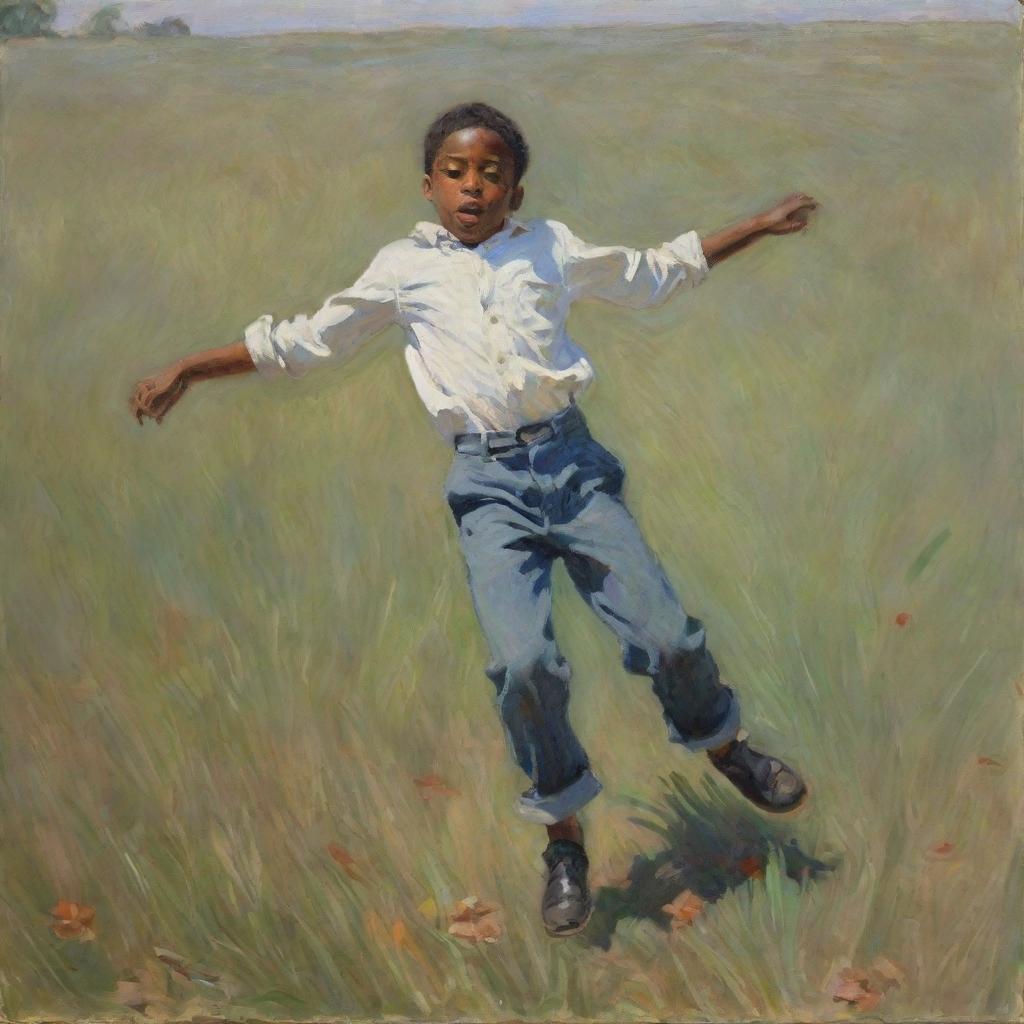 Illustrate an African American boy falling on a field, his body language expressing pain and discomfort. Paint this emotive scene in Claude Monet's impressionistic style, the vibrant strokes underscoring the intensity of the boy's experience.