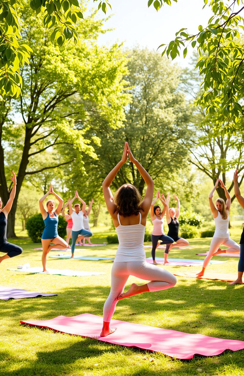 A serene yoga scene in a peaceful outdoor setting, showcasing diverse individuals practicing various yoga poses on colorful mats