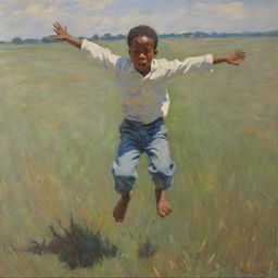 Illustrate an African American boy falling on a field, his body language expressing pain and discomfort. Paint this emotive scene in Claude Monet's impressionistic style, the vibrant strokes underscoring the intensity of the boy's experience.