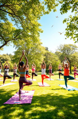 A serene yoga scene in a peaceful outdoor setting, showcasing diverse individuals practicing various yoga poses on colorful mats