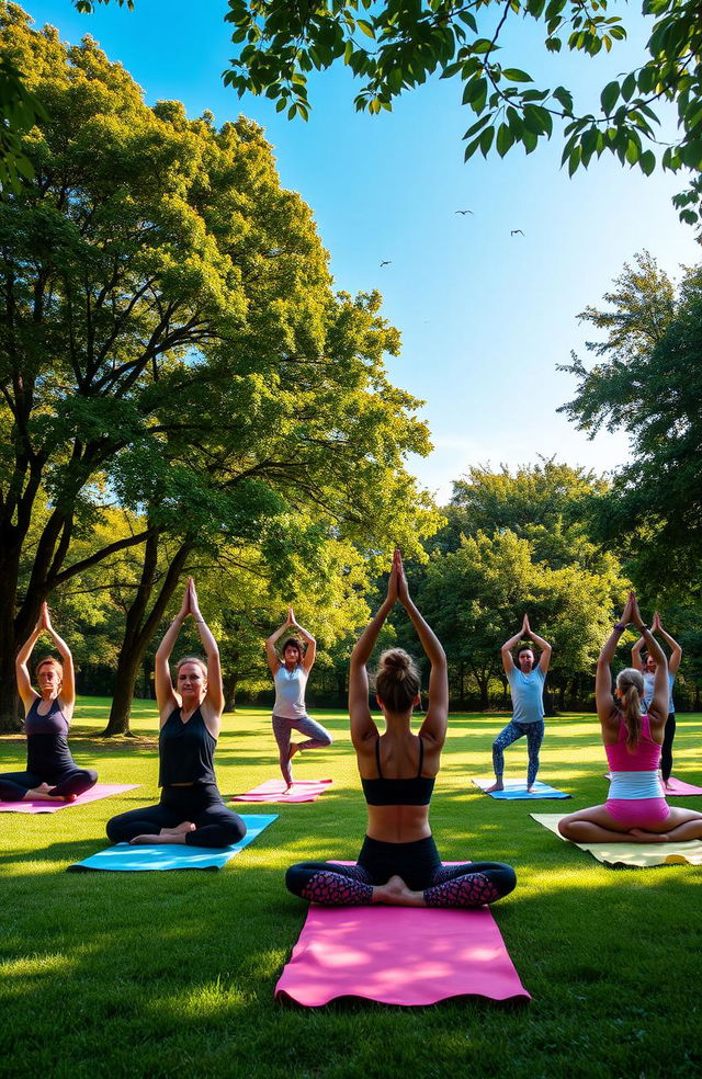 A serene yoga scene in a peaceful outdoor setting, showcasing diverse individuals practicing various yoga poses on colorful mats