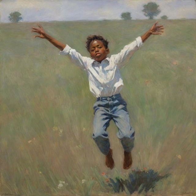 Illustrate an African American boy falling on a field, his body language expressing pain and discomfort. Paint this emotive scene in Claude Monet's impressionistic style, the vibrant strokes underscoring the intensity of the boy's experience.