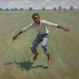 Illustrate an African American boy falling on a field, his body language expressing pain and discomfort. Paint this emotive scene in Claude Monet's impressionistic style, the vibrant strokes underscoring the intensity of the boy's experience.