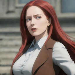 A scene of a middle-aged, petite woman with vampire-like, pale skin and long, vibrant red hair. She is elegantly dressed in the classic clothing from Attack on Titan, reflecting an ambience of valor and fortitude.