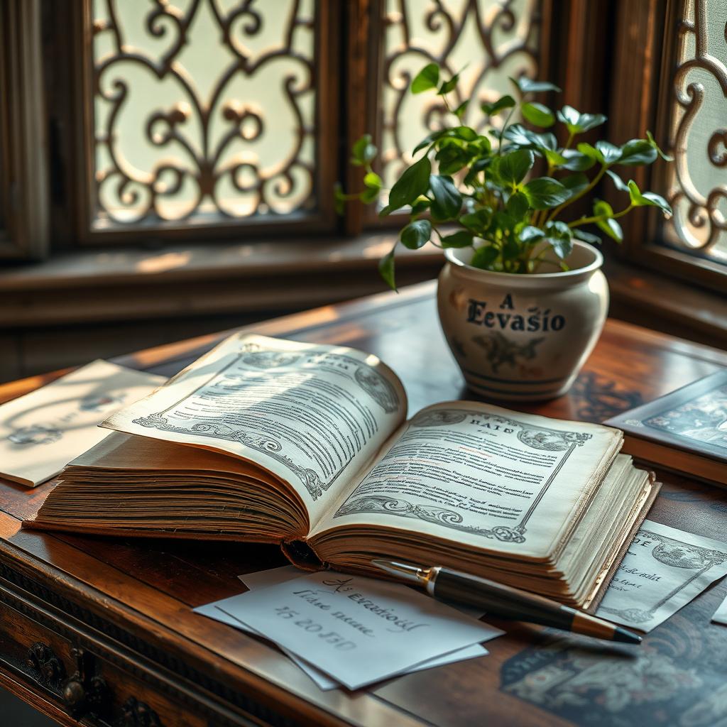 A thick, well-worn book titled 'A Evasão' rests elegantly on a vintage wooden desk, its pages gently opened to reveal intricate illustrations accompanying the text