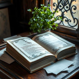 A thick, well-worn book titled 'A Evasão' rests elegantly on a vintage wooden desk, its pages gently opened to reveal intricate illustrations accompanying the text
