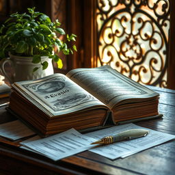 A thick, well-worn book titled 'A Evasão' rests elegantly on a vintage wooden desk, its pages gently opened to reveal intricate illustrations accompanying the text
