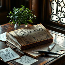 A thick, well-worn book titled 'A Evasão' rests elegantly on a vintage wooden desk, its pages gently opened to reveal intricate illustrations accompanying the text