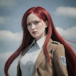 A scene of a middle-aged, petite woman with vampire-like, pale skin and long, vibrant red hair. She is elegantly dressed in the classic clothing from Attack on Titan, reflecting an ambience of valor and fortitude.