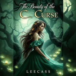 A captivating book cover for 'The Beauty of the Curse', featuring a mystical forest shrouded in mist and illuminated by ethereal, glowing flowers