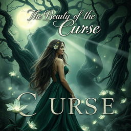 A captivating book cover for 'The Beauty of the Curse', featuring a mystical forest shrouded in mist and illuminated by ethereal, glowing flowers