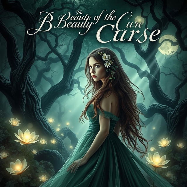 A captivating book cover for 'The Beauty of the Curse', featuring a mystical forest shrouded in mist and illuminated by ethereal, glowing flowers