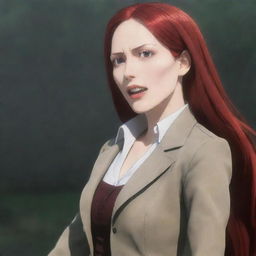 A scene of a middle-aged, petite woman with vampire-like, pale skin and long, vibrant red hair. She is elegantly dressed in the classic clothing from Attack on Titan, reflecting an ambience of valor and fortitude.