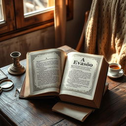 A rectangular book titled 'A Evasão' is displayed prominently on a rustic wooden table, pages slightly fanned open to reveal beautifully illustrated text