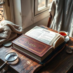 A rectangular book titled 'A Evasão' is displayed prominently on a rustic wooden table, pages slightly fanned open to reveal beautifully illustrated text