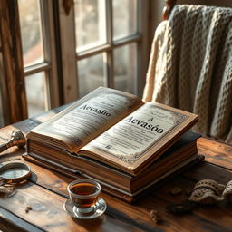A rectangular book titled 'A Evasão' is displayed prominently on a rustic wooden table, pages slightly fanned open to reveal beautifully illustrated text