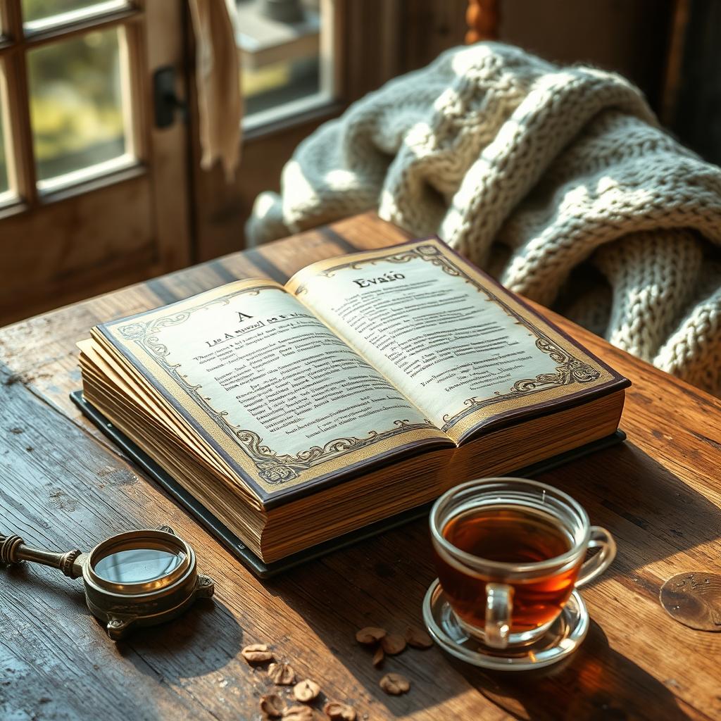 A rectangular book titled 'A Evasão' is displayed prominently on a rustic wooden table, pages slightly fanned open to reveal beautifully illustrated text