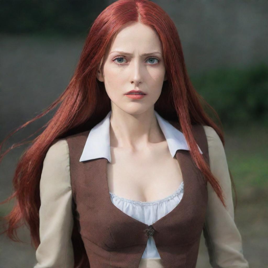 A scene of a middle-aged, petite woman with vampire-like, pale skin and long, vibrant red hair. She is elegantly dressed in the classic clothing from Attack on Titan, reflecting an ambience of valor and fortitude.