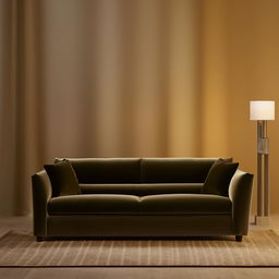 A cozy, inviting sofa, upholstered in soft velvet fabric, in a warm living room setting, with ambient lighting.