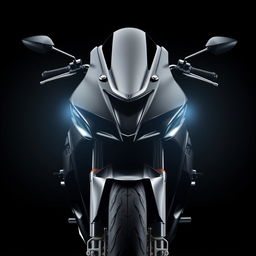 A sleek, stylish black motorcycle showcased from the front view