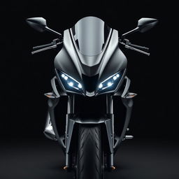 A sleek, stylish black motorcycle showcased from the front view