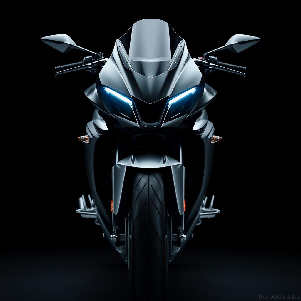 A sleek, stylish black motorcycle showcased from the front view