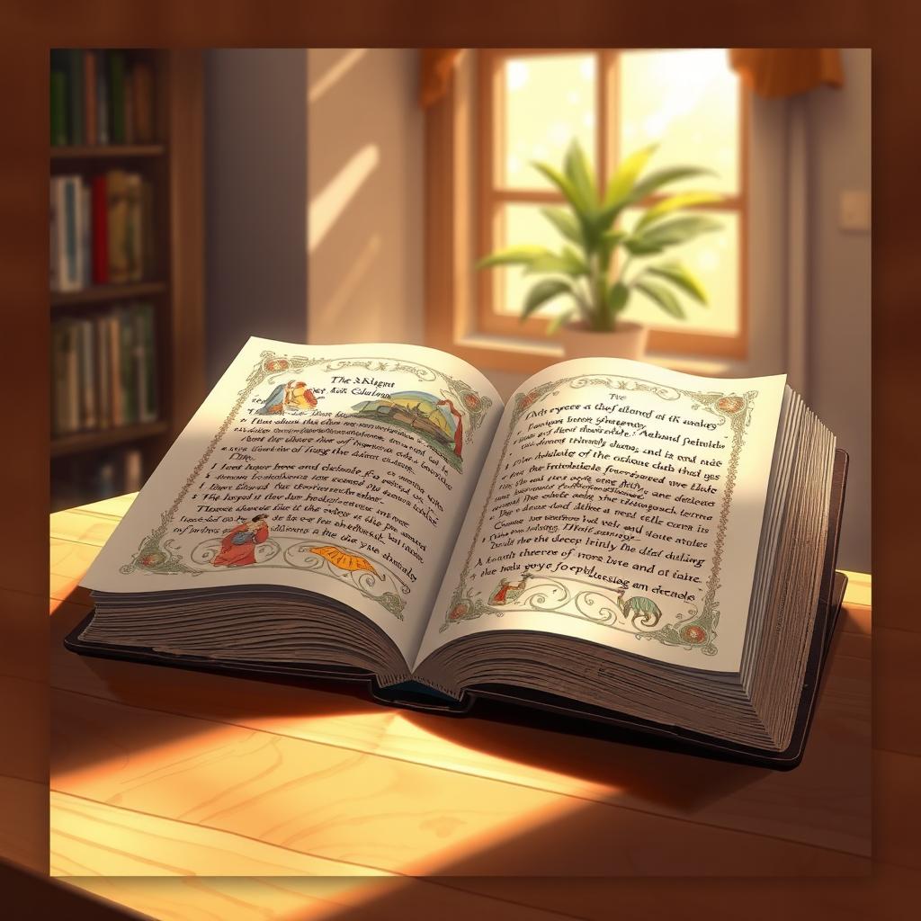 A beautifully illustrated scene of an open book resting on a wooden table, showcasing its pages filled with intricate, colorful illustrations and elegant script