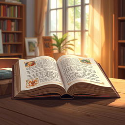A beautifully illustrated scene of an open book resting on a wooden table, showcasing its pages filled with intricate, colorful illustrations and elegant script